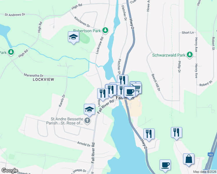 map of restaurants, bars, coffee shops, grocery stores, and more near 21 McPherson Road in Fall River