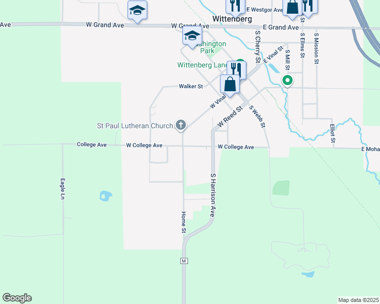 map of restaurants, bars, coffee shops, grocery stores, and more near N6282 Home Street in Wittenberg