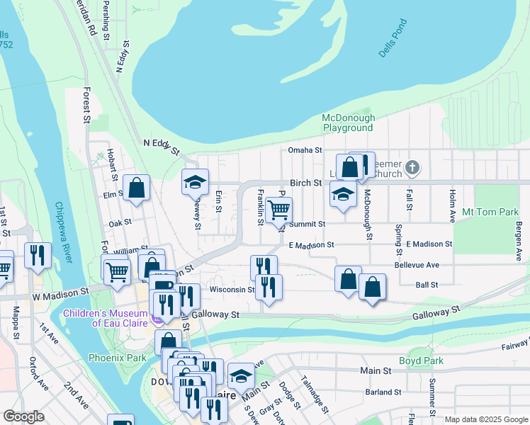 map of restaurants, bars, coffee shops, grocery stores, and more near 422 Franklin Street in Eau Claire