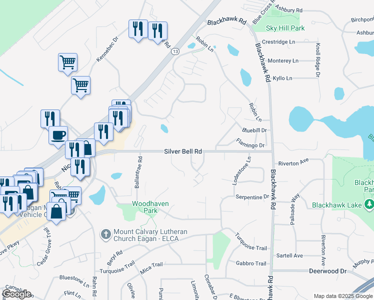 map of restaurants, bars, coffee shops, grocery stores, and more near 3813 Heather Drive in Eagan