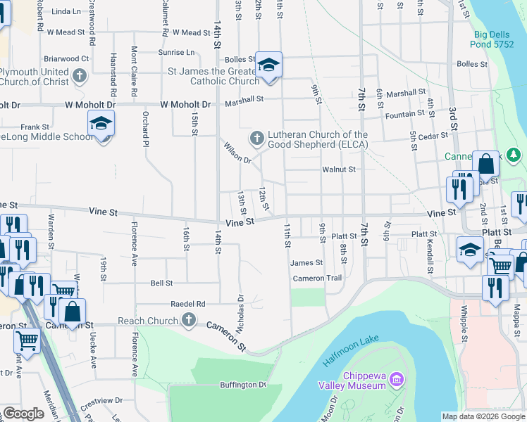 map of restaurants, bars, coffee shops, grocery stores, and more near 1121 Vine Street in Eau Claire
