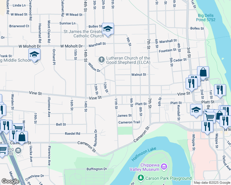 map of restaurants, bars, coffee shops, grocery stores, and more near 2010 11th Street in Eau Claire
