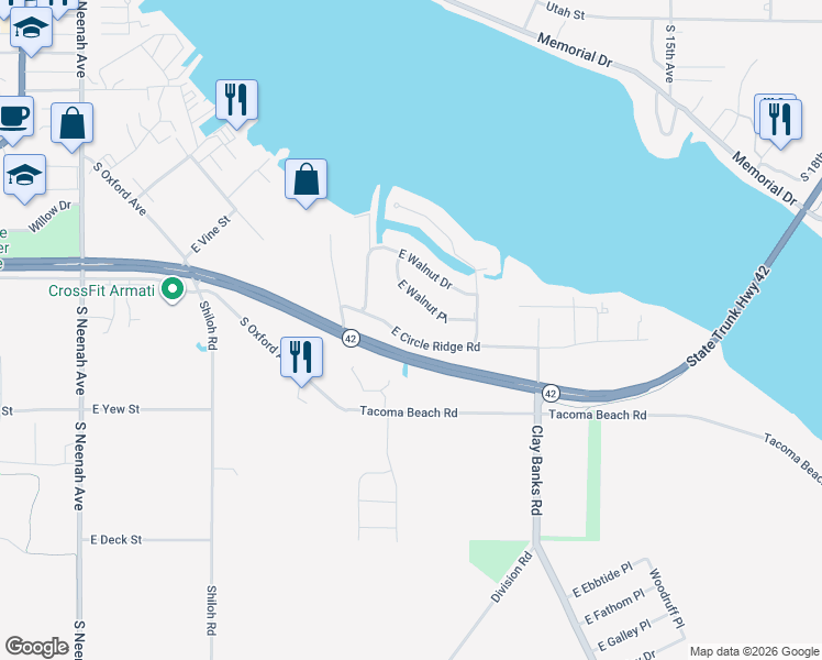map of restaurants, bars, coffee shops, grocery stores, and more near 580 East Circle Ridge Place in Sturgeon Bay