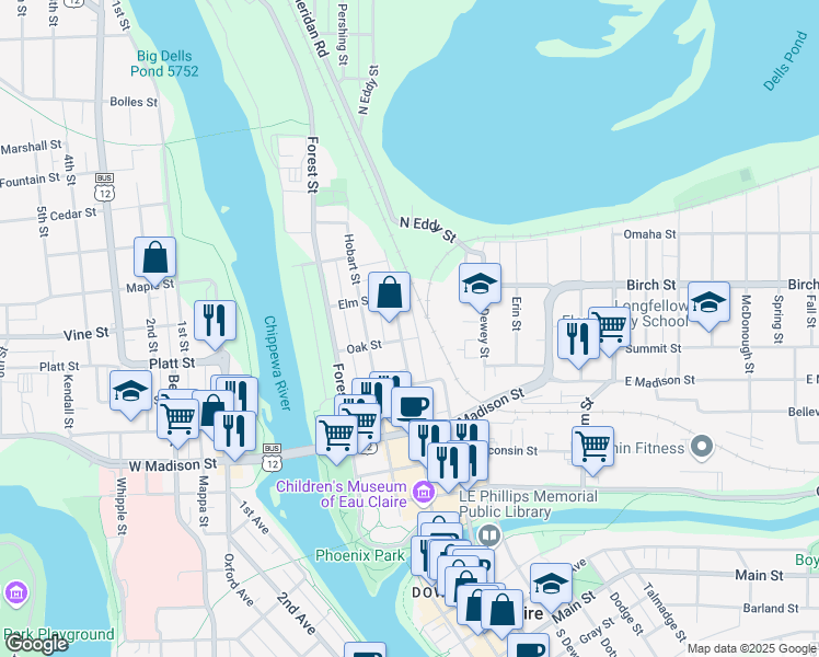map of restaurants, bars, coffee shops, grocery stores, and more near 605 North Barstow Street in Eau Claire