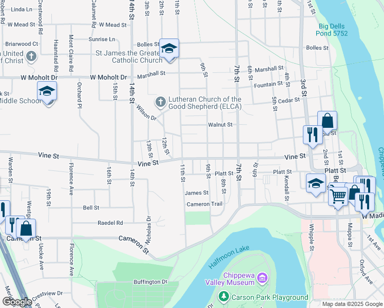 map of restaurants, bars, coffee shops, grocery stores, and more near 2107 11th Street in Eau Claire