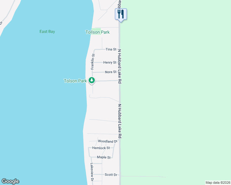 map of restaurants, bars, coffee shops, grocery stores, and more near North Hubbard Lake Road in Spruce