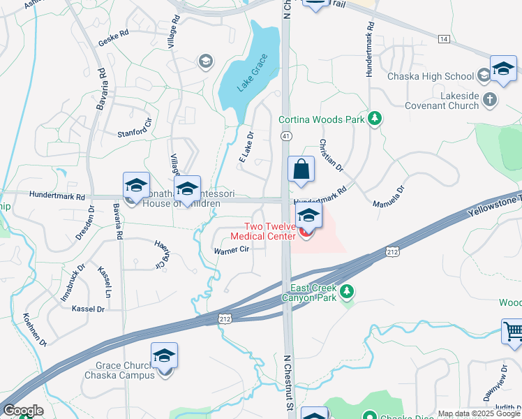 map of restaurants, bars, coffee shops, grocery stores, and more near 1580 South Bender Road in Chaska