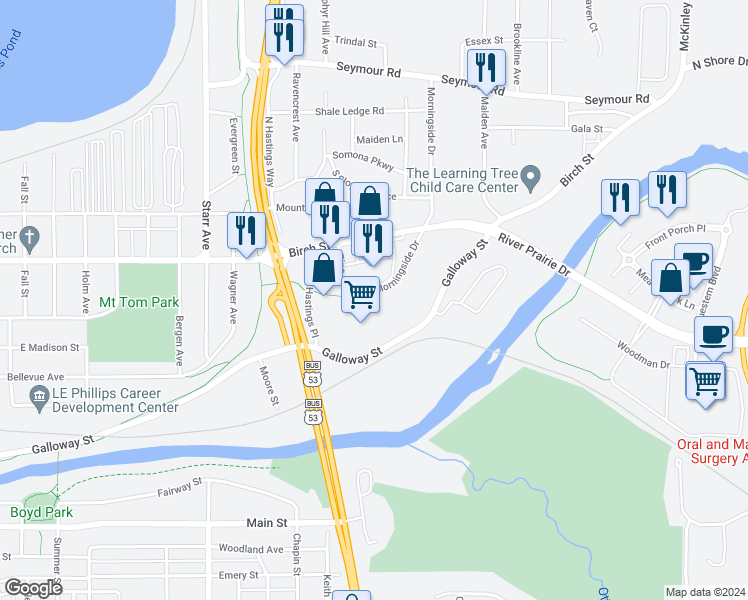 map of restaurants, bars, coffee shops, grocery stores, and more near 2717 Birch Street in Eau Claire