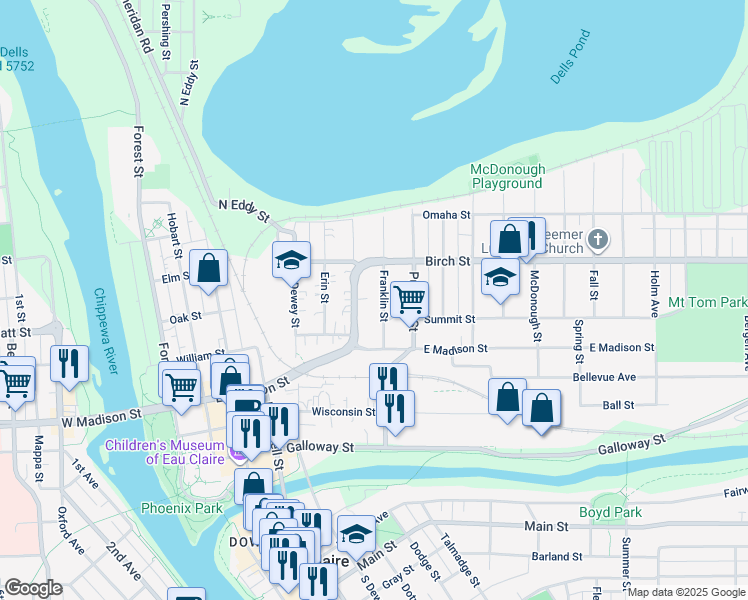 map of restaurants, bars, coffee shops, grocery stores, and more near 556 Franklin Street in Eau Claire