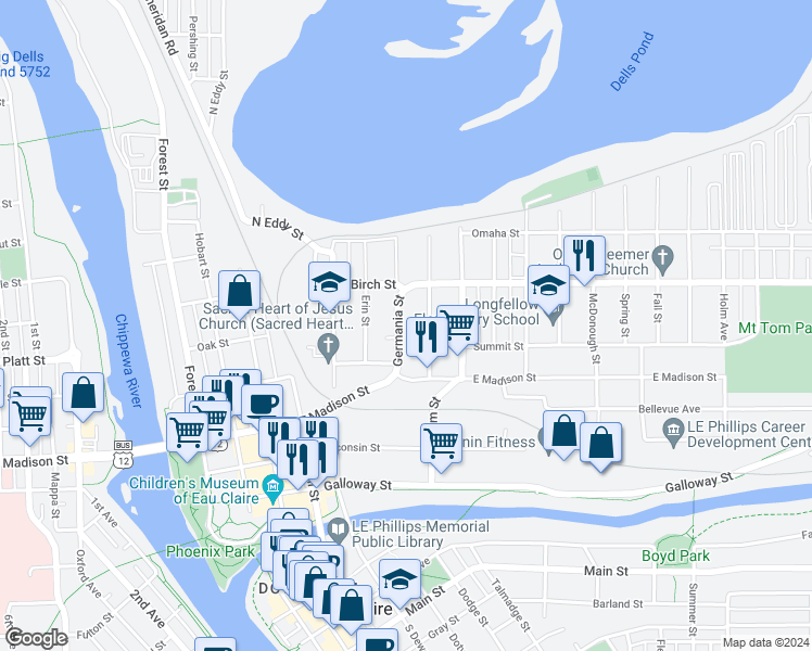 map of restaurants, bars, coffee shops, grocery stores, and more near 558 Germania Street in Eau Claire