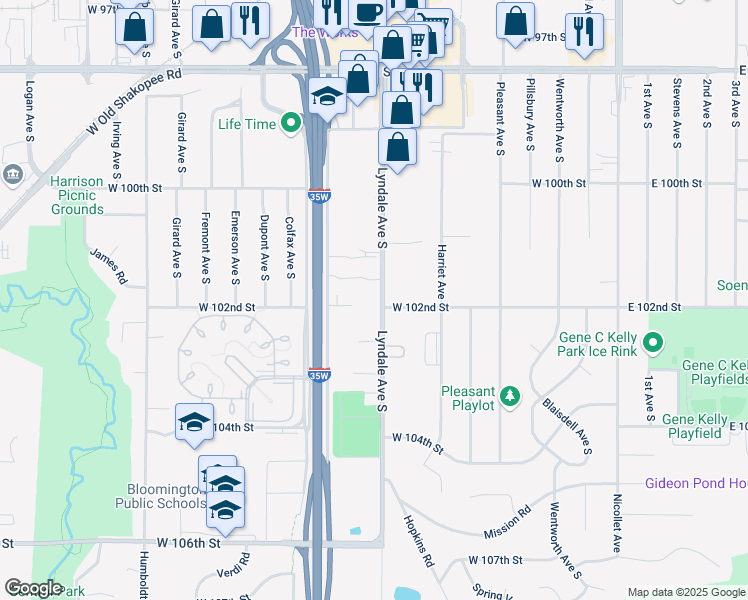 map of restaurants, bars, coffee shops, grocery stores, and more near 719 Southglen Drive in Minneapolis