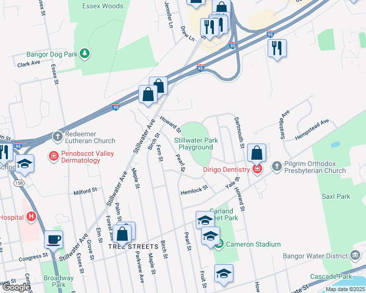 map of restaurants, bars, coffee shops, grocery stores, and more near 338 Howard Street in Bangor