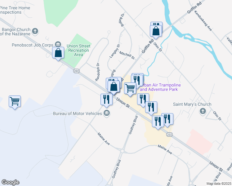 map of restaurants, bars, coffee shops, grocery stores, and more near 1187 Union Street in Bangor