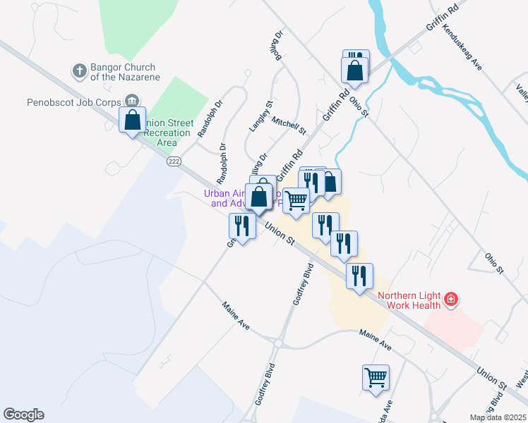 map of restaurants, bars, coffee shops, grocery stores, and more near 1187 Union Street in Bangor
