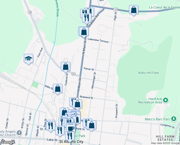 map of restaurants, bars, coffee shops, grocery stores, and more near 15 Farrar Street in Saint Albans City