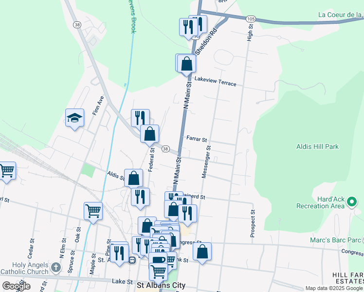 map of restaurants, bars, coffee shops, grocery stores, and more near 221 North Main Street in Saint Albans City