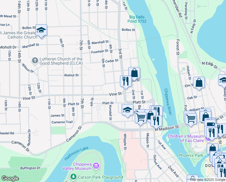 map of restaurants, bars, coffee shops, grocery stores, and more near 2029 4th Street in Eau Claire