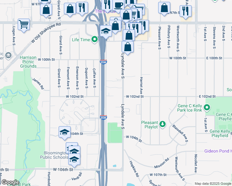 map of restaurants, bars, coffee shops, grocery stores, and more near 719 Southglen Drive in Minneapolis