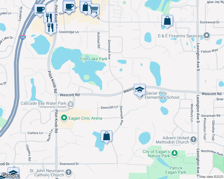 map of restaurants, bars, coffee shops, grocery stores, and more near 3769 Denmark Trail West in Eagan