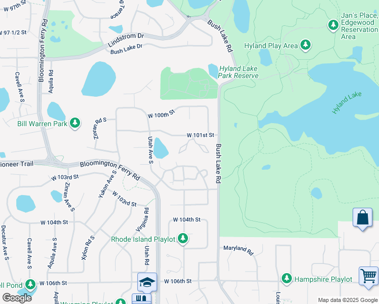 map of restaurants, bars, coffee shops, grocery stores, and more near 7501 West 101st Street in Minneapolis