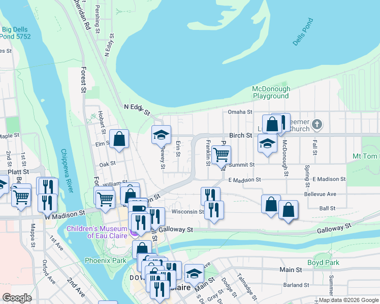 map of restaurants, bars, coffee shops, grocery stores, and more near 536 Germania Street in Eau Claire