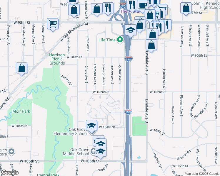 map of restaurants, bars, coffee shops, grocery stores, and more near 10124 Dupont Avenue South in Minneapolis