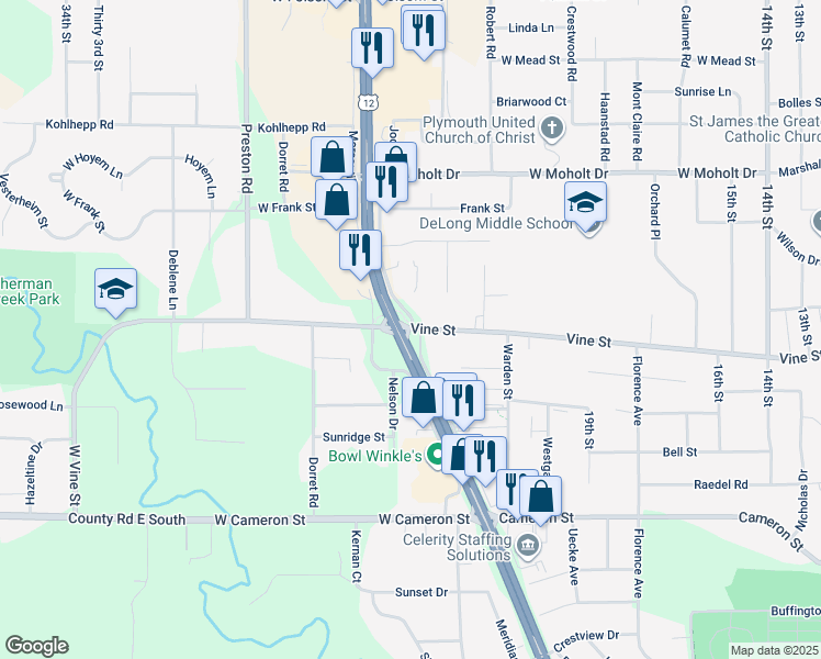 map of restaurants, bars, coffee shops, grocery stores, and more near 2316 Vine St in Eau Claire