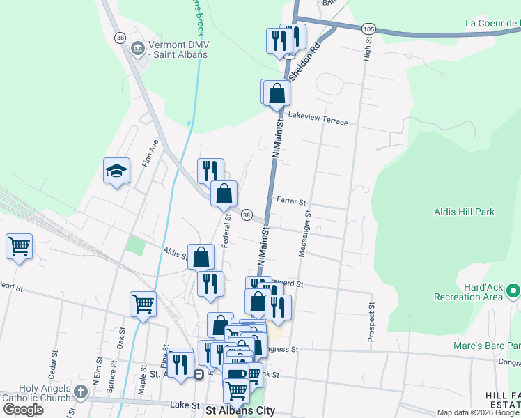 map of restaurants, bars, coffee shops, grocery stores, and more near 214 North Main Street in Saint Albans City