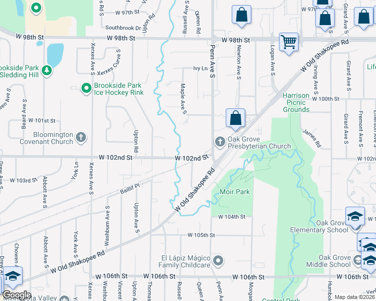 map of restaurants, bars, coffee shops, grocery stores, and more near 2400 West 102nd Street in Bloomington