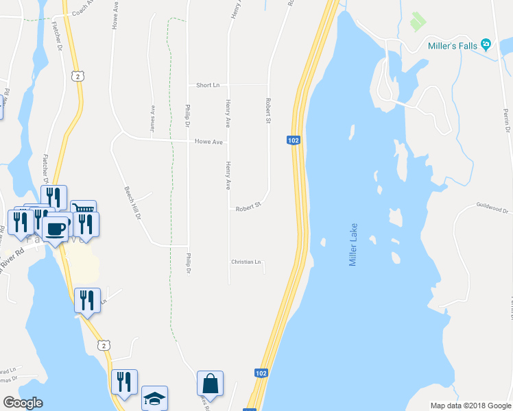 map of restaurants, bars, coffee shops, grocery stores, and more near 715 Robert Street in Fall River