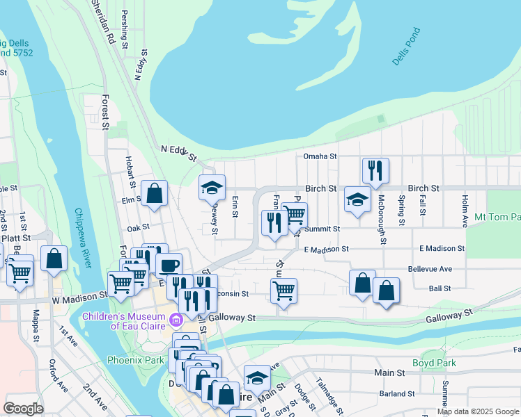 map of restaurants, bars, coffee shops, grocery stores, and more near 539 Germania Street in Eau Claire