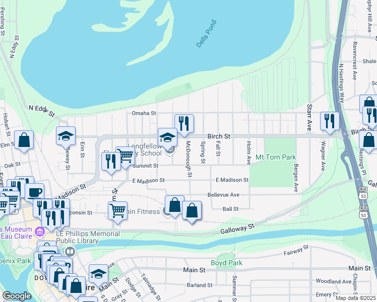 map of restaurants, bars, coffee shops, grocery stores, and more near 552 McDonough Street in Eau Claire