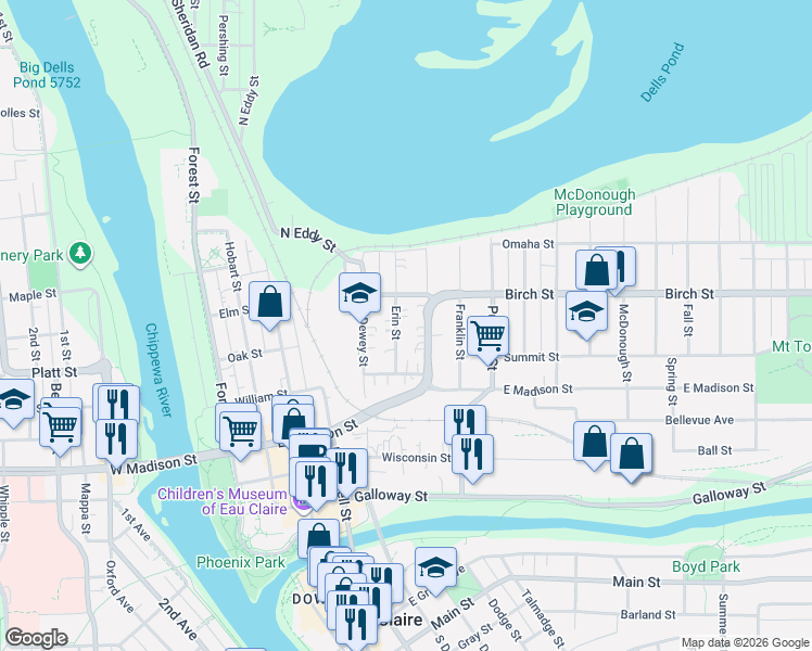 map of restaurants, bars, coffee shops, grocery stores, and more near 558 Germania Street in Eau Claire