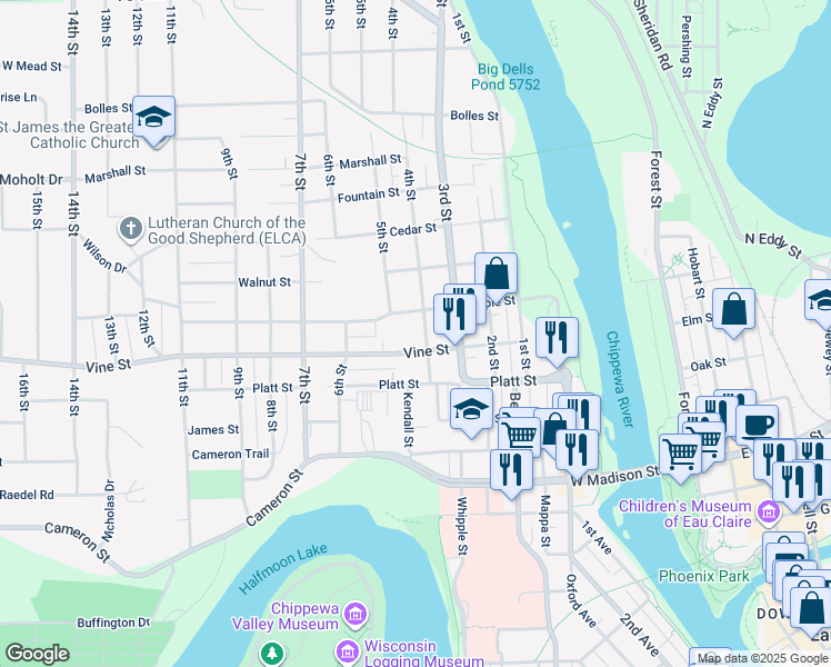 map of restaurants, bars, coffee shops, grocery stores, and more near 2029 4th Street in Eau Claire