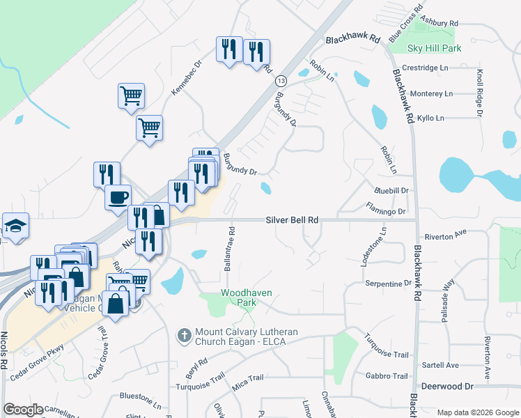 map of restaurants, bars, coffee shops, grocery stores, and more near 1939 Silver Bell Road in Eagan