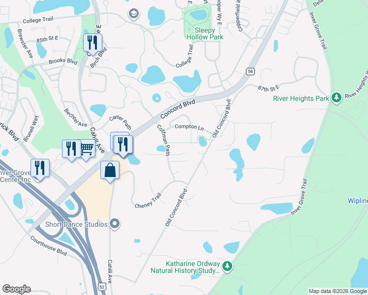 map of restaurants, bars, coffee shops, grocery stores, and more near 8900 Compton Drive in Inver Grove Heights
