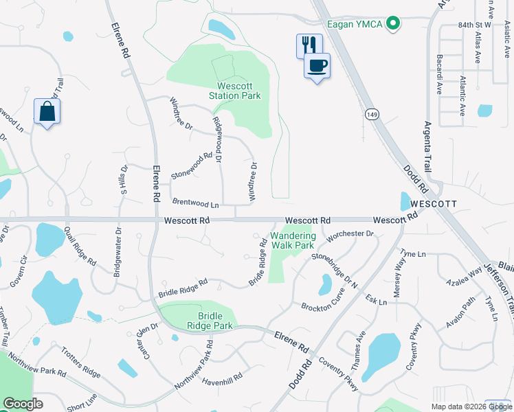 map of restaurants, bars, coffee shops, grocery stores, and more near 3766 Windtree Drive in Eagan