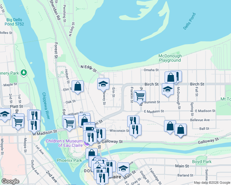 map of restaurants, bars, coffee shops, grocery stores, and more near 558 Erin Street in Eau Claire