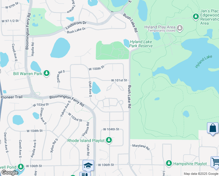 map of restaurants, bars, coffee shops, grocery stores, and more near 7601 West 101st Street in Minneapolis
