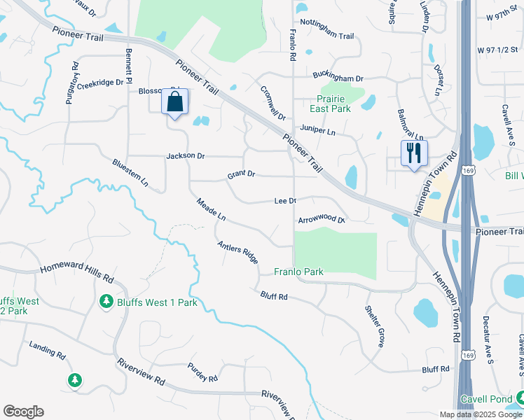 map of restaurants, bars, coffee shops, grocery stores, and more near 10562 Lee Drive in Eden Prairie