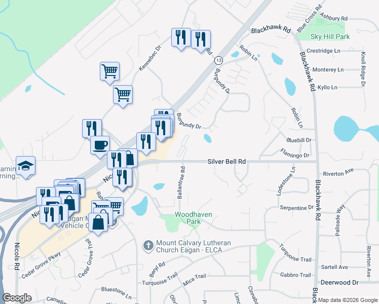 map of restaurants, bars, coffee shops, grocery stores, and more near 1939 Silver Bell Road in Eagan