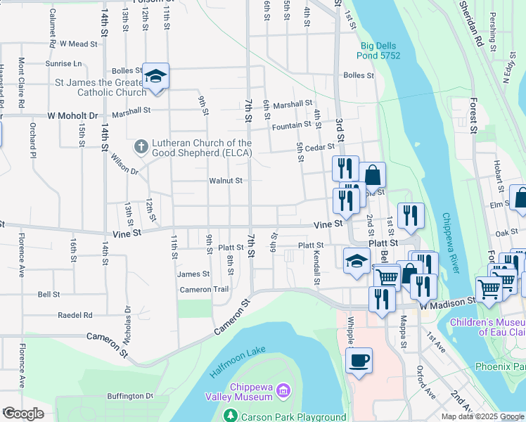 map of restaurants, bars, coffee shops, grocery stores, and more near 615 Maple Street in Eau Claire