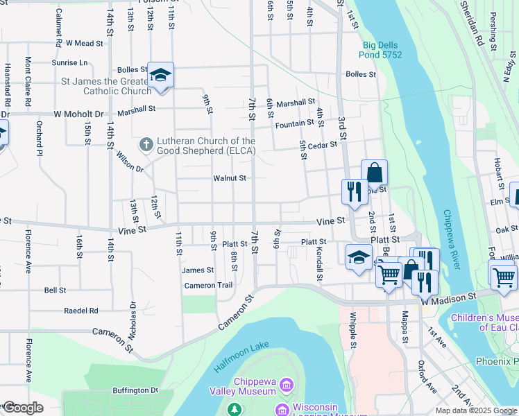 map of restaurants, bars, coffee shops, grocery stores, and more near 624 Maple Street in Eau Claire