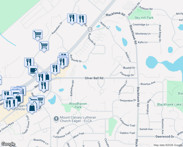 map of restaurants, bars, coffee shops, grocery stores, and more near 1903 Silver Bell Road in Eagan