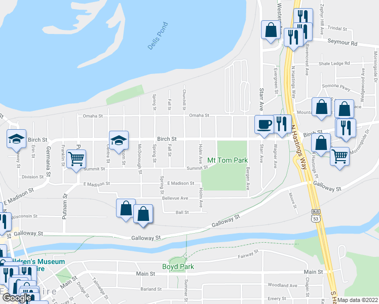 map of restaurants, bars, coffee shops, grocery stores, and more near 535 Churchill Street in Eau Claire