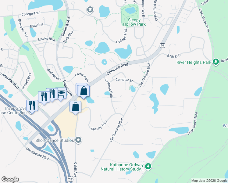 map of restaurants, bars, coffee shops, grocery stores, and more near 8942 Coffman Path in Inver Grove Heights