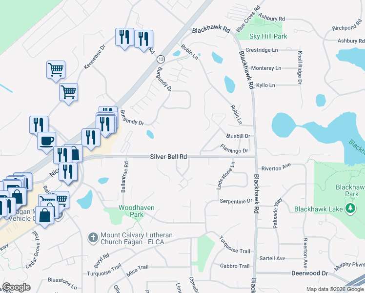 map of restaurants, bars, coffee shops, grocery stores, and more near 1887 Silver Bell Road in Eagan