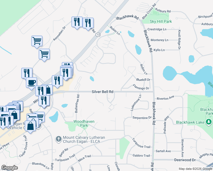 map of restaurants, bars, coffee shops, grocery stores, and more near 1887 Silver Bell Road in Eagan