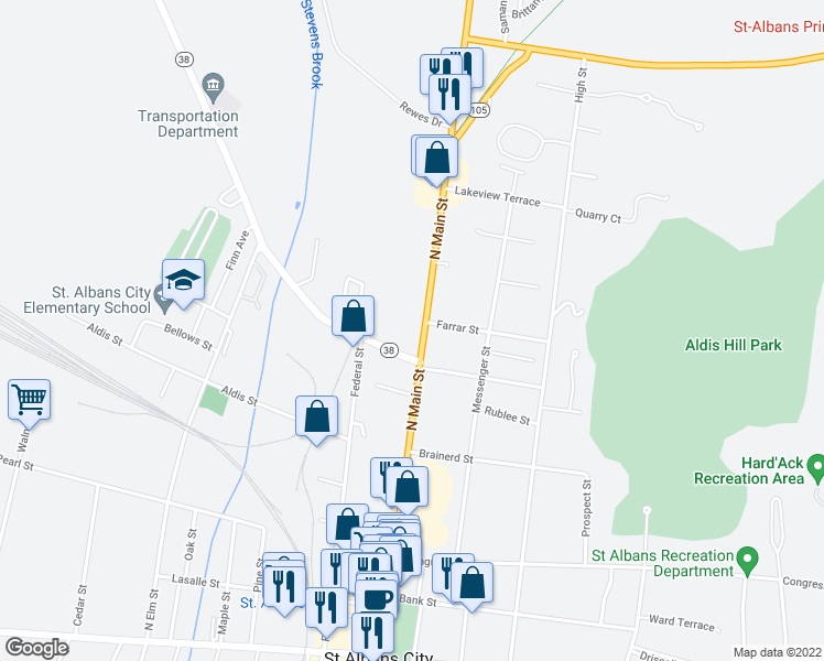 map of restaurants, bars, coffee shops, grocery stores, and more near 214 North Main Street in Saint Albans City