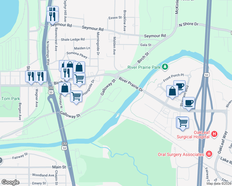 map of restaurants, bars, coffee shops, grocery stores, and more near 2821 Galloway Street in Eau Claire